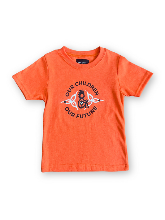 Orange t-shirt with an authentic Indigenous graphic and text on a white background