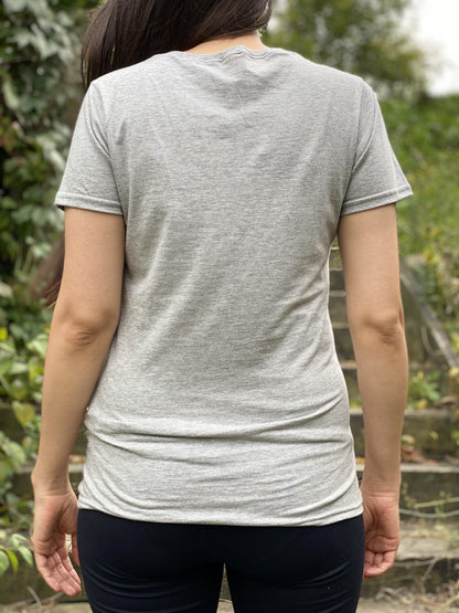 Back view of a heather grey women's t-shirt
